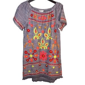 Rocks & Indigo embroidered denim tunic dress with a fringed hem medium